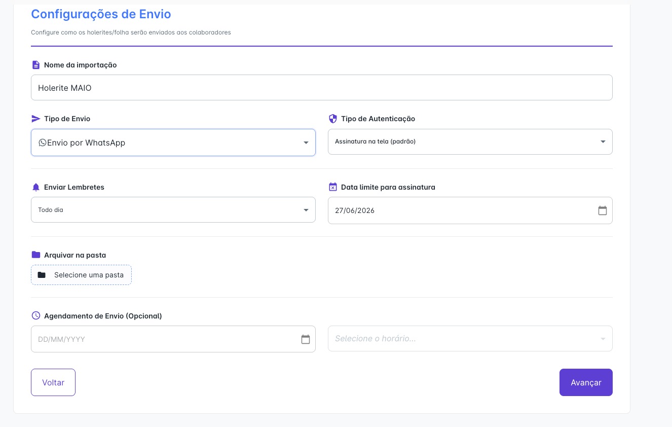 Configurações de envio